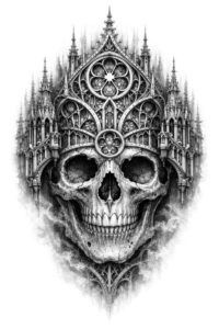 Black and grey tattoo concept featuring a skull with a gothic cathedral crown above, AI-generated project idea; ideal for cover-up.