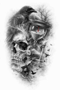 Black and grey tattoo idea featuring a skull and raven with bold shading; concept for a cover-up-ready design.