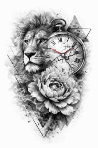 Black and grey geometric tattoo design shown as a project concept with a lion head, a clock, and a rose.