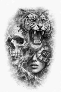 Black and grey surreal tattoo design with a roaring tiger, a skull, and a woman's face; AI-generated concept for cover-up.