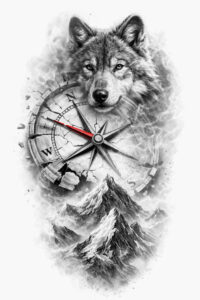 Black and grey tattoo concept featuring a howling wolf, a compass, and rugged mountains; AI-generated concept for a potential tattoo design.
