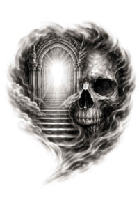 Skull with a staircase and a bright doorway in black and grey, a project concept for a cover-up tattoo, AI-generated.