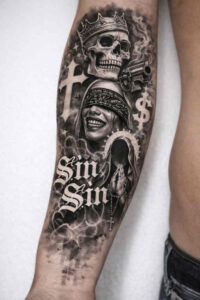 Dark black-and-grey forearm tattoo design with skull, cross, dollar sign, and Gothic text; AI-generated project with cover-up potential.