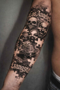 Black and grey tattoo concept with stacked skulls and intricate shading on the forearm; AI-generated project idea; perfect for cover-up.