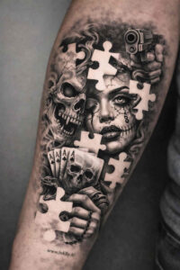 Skull formed from interlocking puzzle pieces in black and grey realism on the forearm; a concept tattoo idea, not a finished piece.