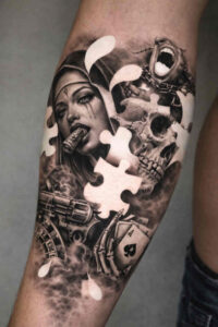 Portrait of a female face integrated with skulls and mechanical gears in black and grey; AI-generated project idea, cover-up suitable.