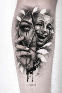 Black and grey tattoo project showing a split mask portrait with two faces and floral accents, grayscale shading; AI-generated concept.