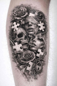 Black and grey portrait of a woman's face intertwined with gears, puzzle pieces, and roses; AI-generated concept, cover-up ready.