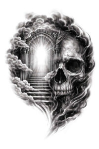 Black and grey, AI-generated project concept of a skull fused with a doorway and stairs, light at the threshold; cover-up-ready tattoo idea.