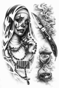 Black and grey tattoo design featuring a veiled female portrait with dagger and hourglass; monochrome concept sketch for a project; cover-up suitable.