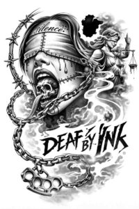 Skull wearing a helmet with a chain and bold text; this black and grey tattoo concept is a project/idea, and designed for potential cover-up.