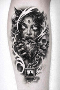 Black and grey AI-generated tattoo concept: a grayscale portrait of a face entwined with vines, a project idea with cover-up potential.