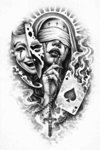 Two-face split tattoo design in black and grey: skull on the left, a woman's portrait on the right, central dagger, and a spade card at the bottom; AI-generated concept.
