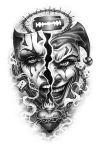 Two grayscale faces merged into a heart-shaped mask, in black and grey; AI-generated concept project for a perfect cover-up tattoo idea.