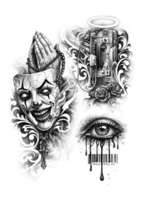 Black and gray tattoo concept of a demon clown with a spiked mohawk, a dripping eye, and ornate surrounding ornament; AI-generated concept for cover-up.