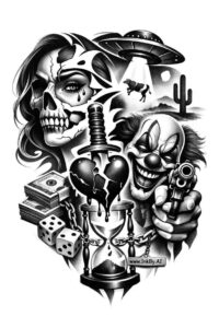 Black and grey tattoo concept featuring skull, cards, die and candle in a dense blackwork collage; AI-generated idea, perfect for cover-up.