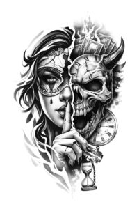 Split-face tattoo in black and grey, depicting a woman on the left and a skull on the right — a project idea.