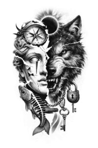 Black and gray AI-generated concept: split-face design featuring a biomechanical human head on the left and a wolf head on the right, with gears and clockwork.