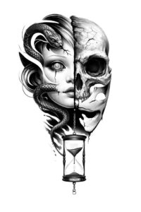 Split-face design in black and grey showing a living face on the left and a skull on the right, with an hourglass at the bottom; project concept, ideal for cover-up.