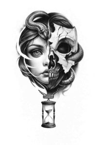 Woman's half-portrait and skull side-by-side in black and grey, connected by an hourglass pendant; project/idea tattoo design, suitable for cover-up.