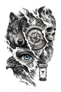 Color tattoo design featuring a wolf head, blue eye, compass and skull; a color realism concept; project/idea.