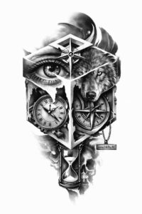 Geometric black and grey tattoo concept featuring an eye inside layered triangles and circles; AI-generated project idea, ideal for cover-up.