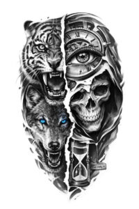 Tiger and skull split-face tattoo design in black and grey, AI-generated concept, perfect for a cover-up.