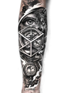 Eye within geometric triangle and clock on forearm in black and grey; AI-generated tattoo idea ready for cover-up.