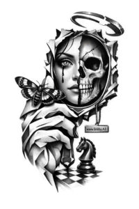 Black and grey tattoo design of a skull with halo and intricate linework; a project/idea, perfect for cover-up.