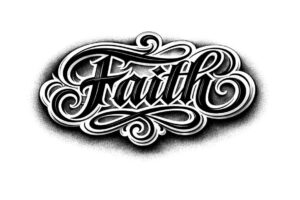 Black and grey tattoo lettering design featuring the word Faith in ornamental script with flourishes; a project idea.