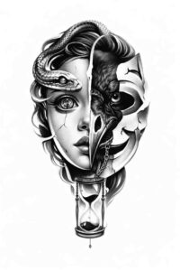 Split-face black and grey tattoo idea: left side portrait of a woman, right side gear/mechanical elements, AI-generated concept, project sketch.