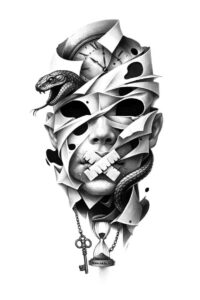 This black and grey tattoo idea shows a skull with a fractured mask made of shards, plus a key and scissors; project concept, cover-up suitable.
