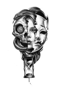 Black and grey tattoo design showing a half skull merging with a human face above an hourglass; AI-generated, project idea, cover-up potential.