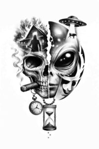 Skull and masked-face split design in black and grey, a concept tattoo idea with an hourglass and chain; AI-generated concept, ideal for cover-up.