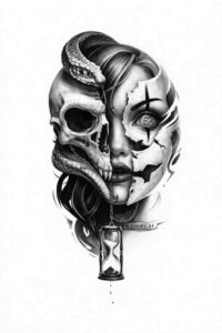 Split skull and face tattoo in grayscale with a dagger at the bottom; black and grey; project idea with cover-up potential.