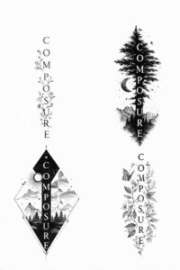 Two mirrored geometric diamonds with vertical text lines on the outer sides, in black and white; a tattoo design concept for a project. AI-generated concept.