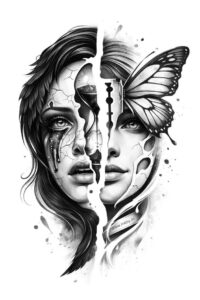 Black and grey split portrait of a woman's face and a butterfly wing with central dagger motif; AI-generated tattoo design concept, project idea.