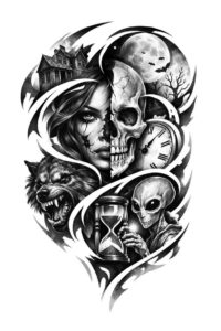 Black and grey tattoo design featuring a wolf, skulls, and a moon in high-contrast realism; a project idea in black and grey, ideal for cover-up.