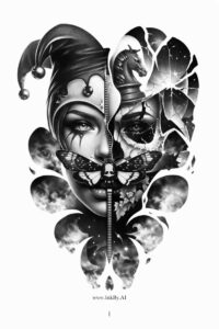 Black and grey tattoo design of a split-face floral composition in a heart-like symmetry; a project idea, cover-up friendly.