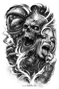 Two intertwined skulls with armor elements in black and grey; a tattoo design concept, ideal for cover-up work.