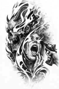 Black-and-grey tattoo design featuring a screaming face, a gun, and a flame silhouette; AI-generated project idea; cover-up friendly.