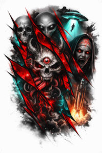 Black and grey Trash Polka tattoo concept with skulls, shattered blades, flames, and smoky bursts in red and teal; a project idea, suitable for cover-up.