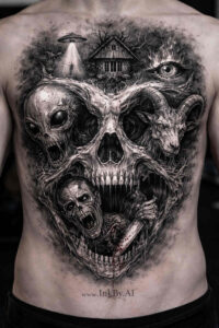 Dark black and grey tattoo design with a central skull and surrounding skulls forming a heart motif; AI-generated project; cover-up suitable.