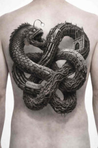 Two intertwined snakes in black and grey realism on the back; AI-generated tattoo design concept, cover-up ready.