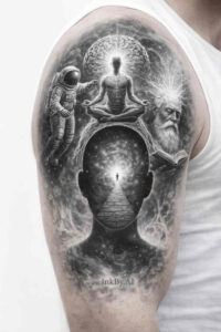 Meditating figure inside a dark orb with brain-like texture, in black and grey; AI-generated concept, project idea with cover-up potential.