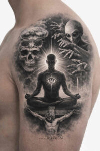 Meditative figure in a black and grey tattoo design with surrounding skulls and dark shading; AI-generated concept for a cover-up project.