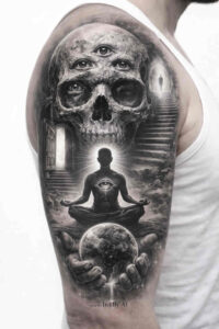 Skull above a meditating silhouette with a mandala, in black and grey realism; AI-generated tattoo design concept, suitable for cover-up.