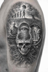 Black and grey tattoo design concept showing a skull with a forest tree silhouette and moon; AI-generated project idea; cover-up friendly.