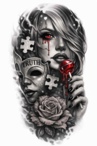 Black and grey tattoo design showing a grayscale female portrait merged with a skull motif and a rose; AI-generated project idea, suitable for cover-up.
