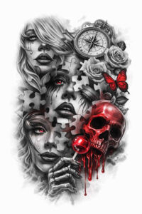 Faces, skull, flower, and a watch rendered in black and grey with red accents; AI-generated tattoo concept, project idea, and perfect for a cover-up.